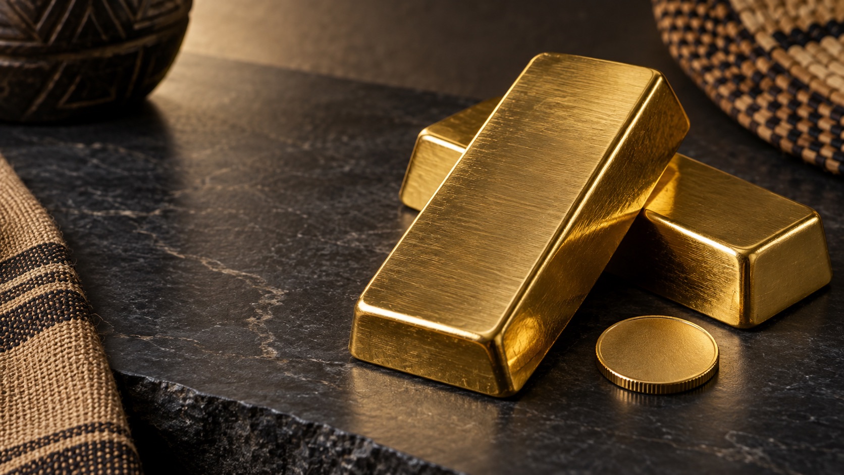 Investment-grade gold bars on dark stone