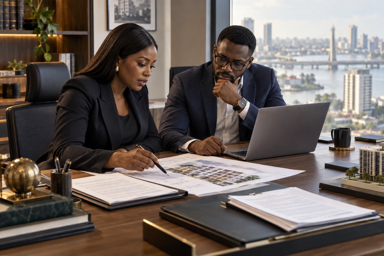 Nigerian legal and operations professionals reviewing property records